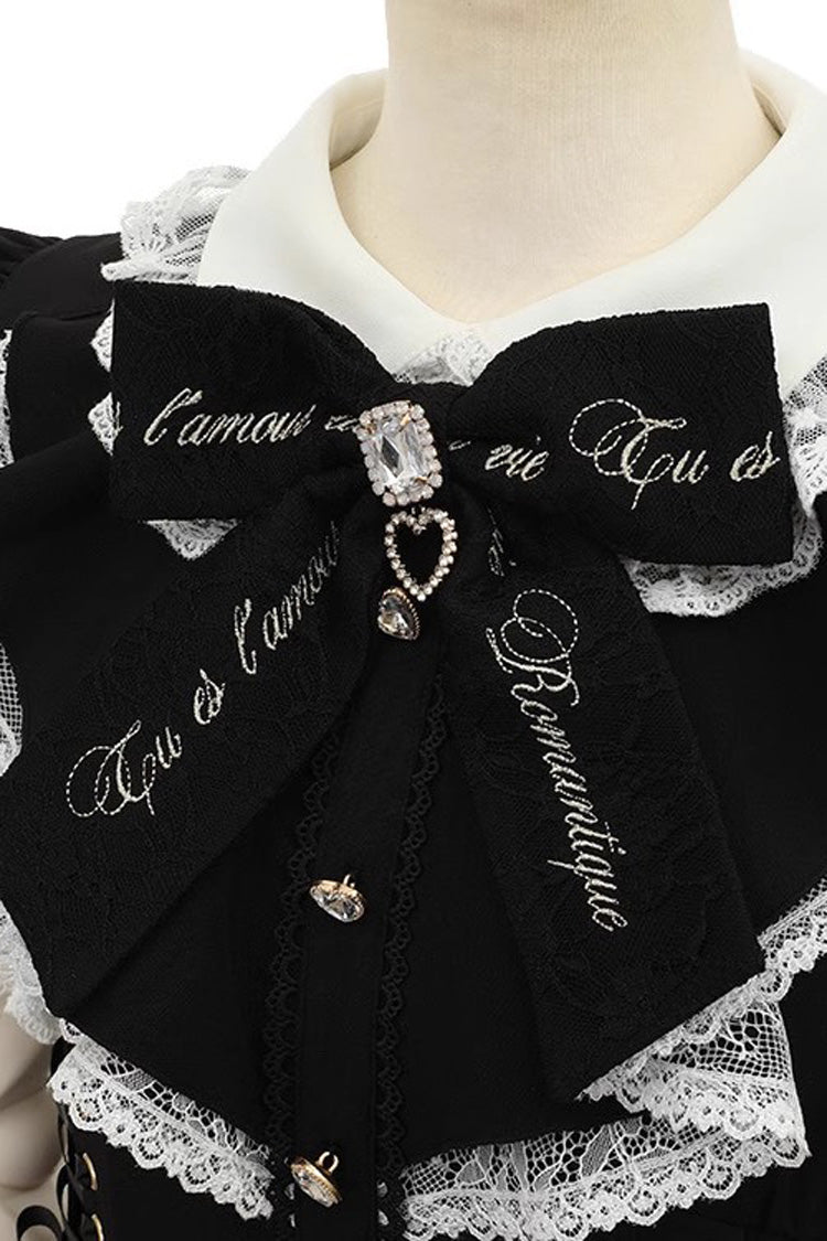 Black Japanese Diamond Buckle Heart Bow Lace Sweet Jirai Kei Dress Fake Two-piece Set