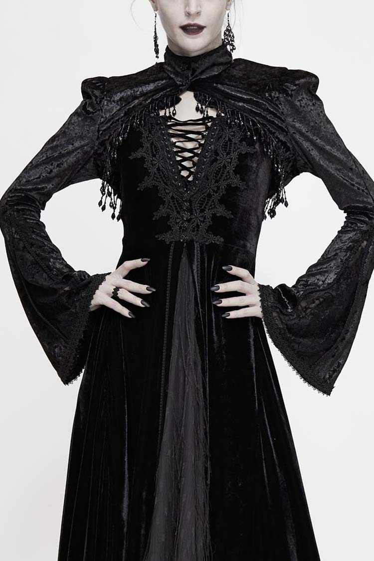 Schwarzer Spitzensamt-Blasen-Trompetenärmel-Gothic-Schal für Damen