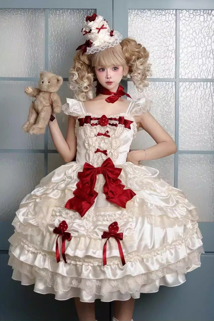 Abricot [Berry Endless] Col Carré Sans Manches Multi-Couches À Volants Brodé Noeud En Dentelle Douce Robe Lolita Jsk