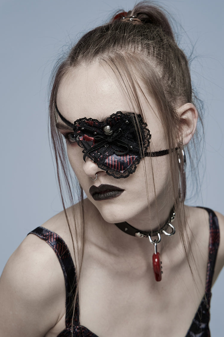 Schwarz/Rot Metall Totenkopf Dekoration Spitze Herz Damen Gothic Augenmaske