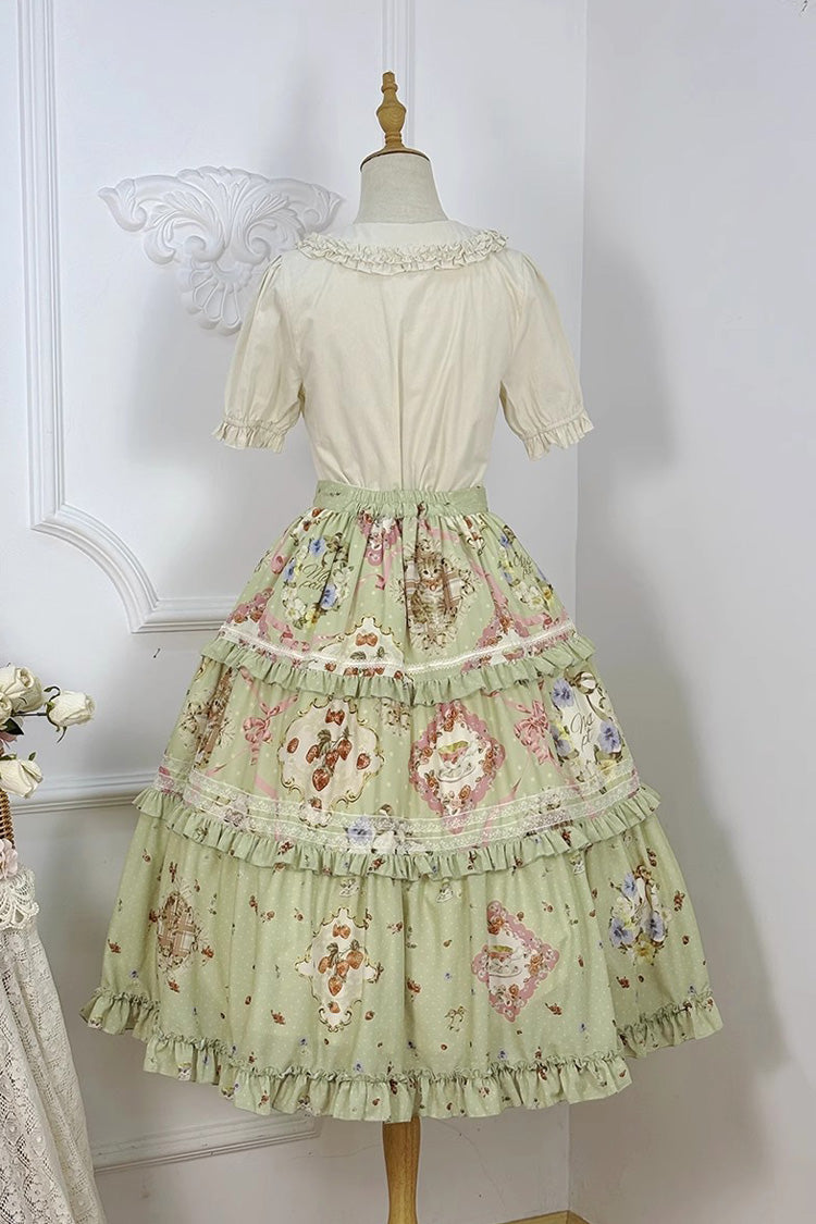 Jupe Lolita douce quotidienne à volants imprimée [Chat Rose Thé] verte 