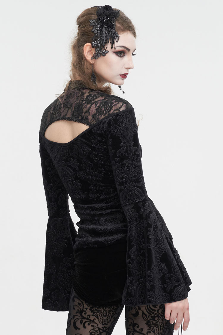 Black Lace Cutout Round Collar Flared Sleeved Floral Embossed Women's Gothic Shirt