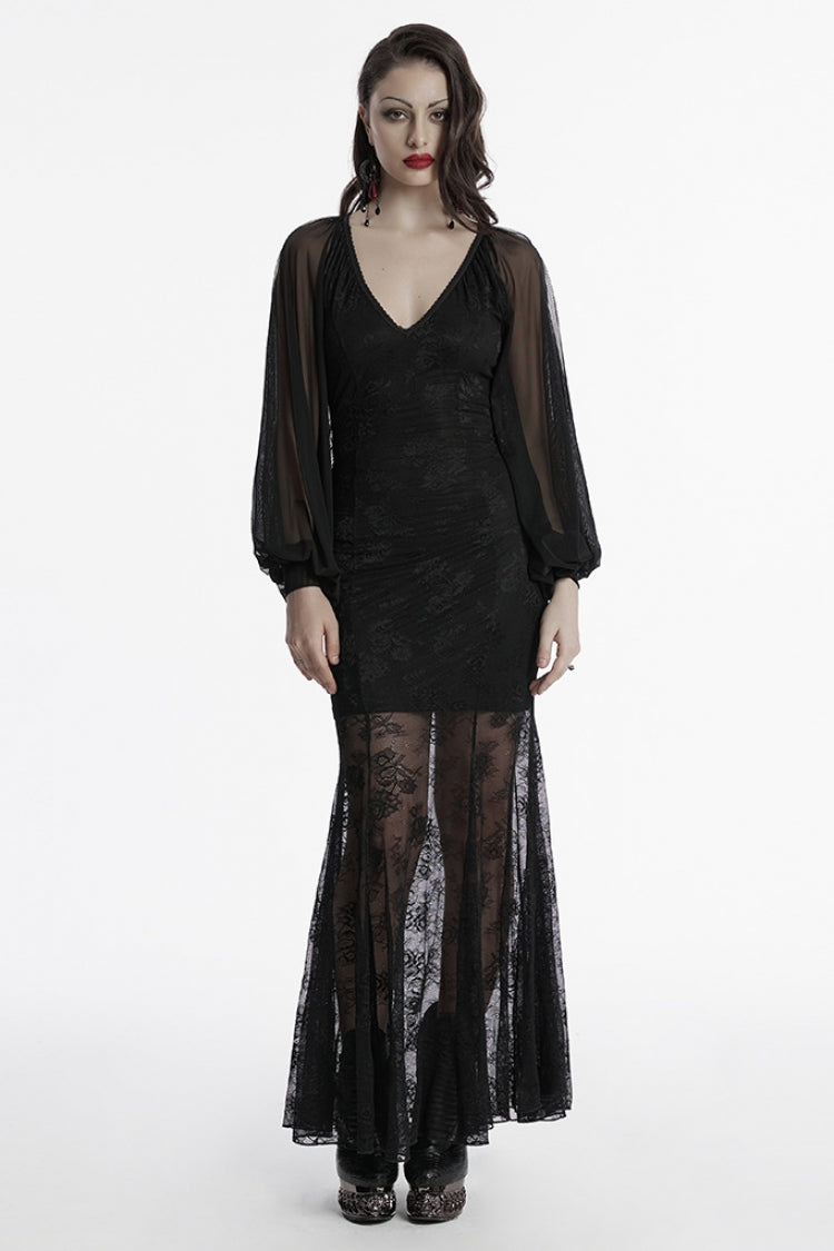 Black Long Plunging Batwing Sleeves Hollow Embroidery Women's Punk Dress