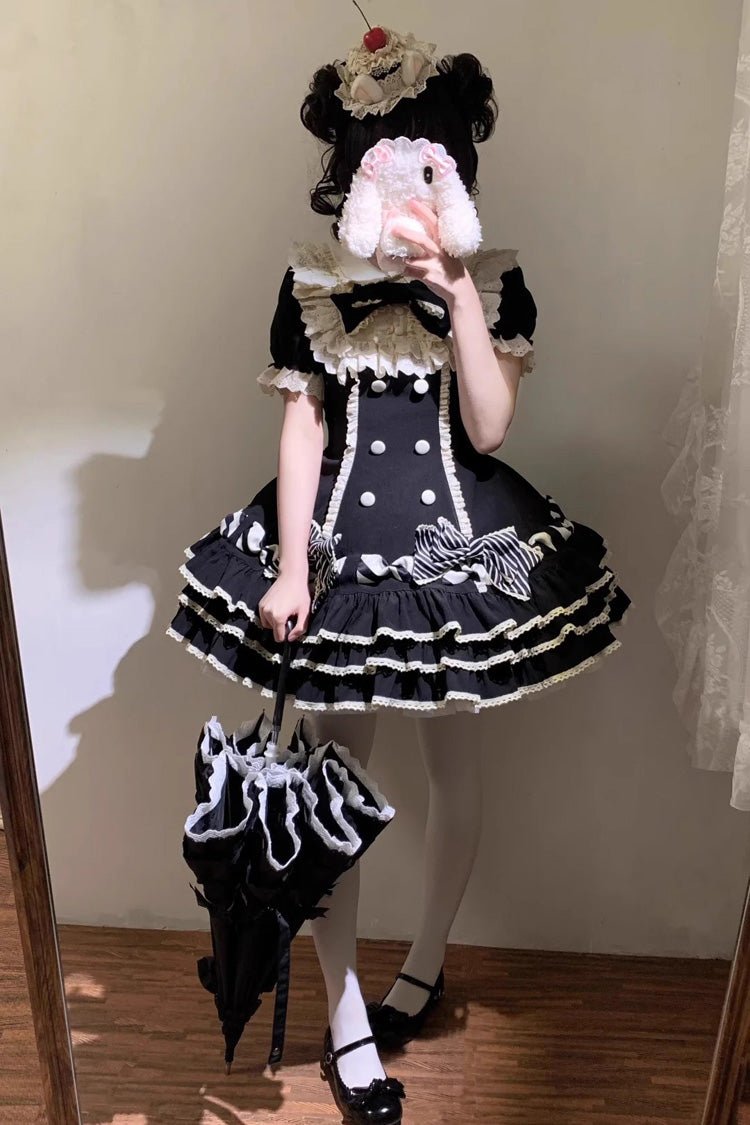 Black [Striped Layered] Short Sleeves Multi-Layered Ruffle Bowknot Sweet Princess Lolita Tiered Dress