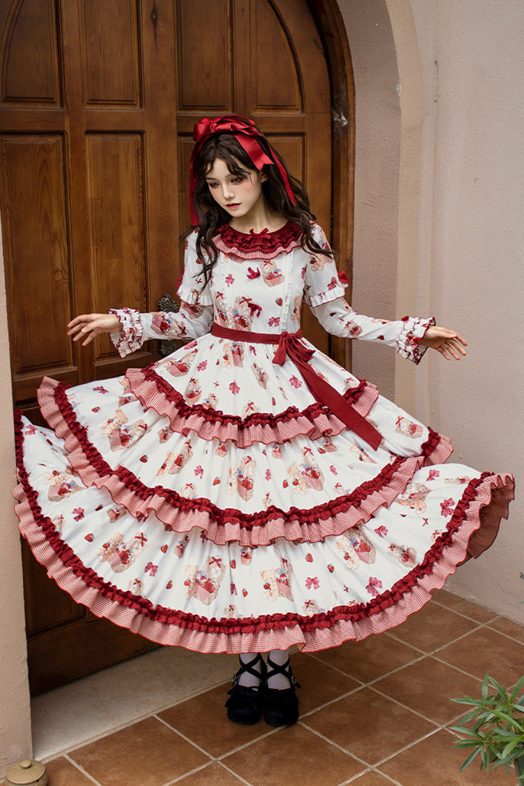White/Pink [Bell Strawberry Farm] Print Long Sleeves Triple-Layered Ruffle Sweet Lolita Dress