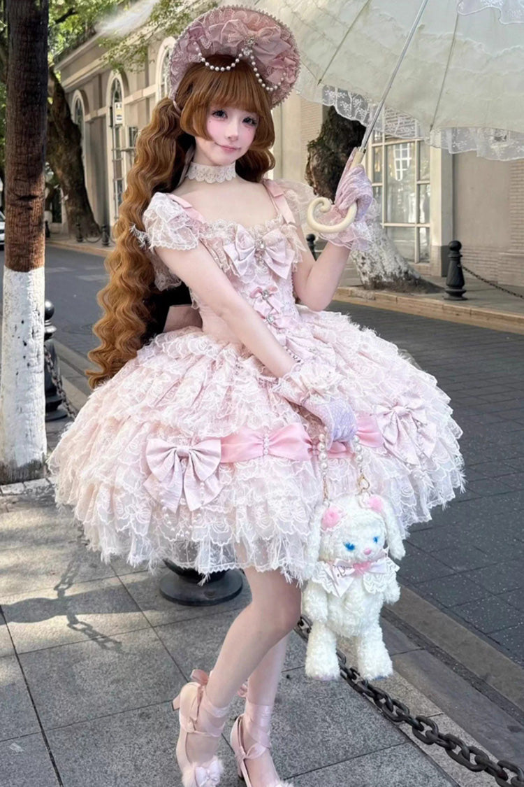 Pink [Cloudborne Snowfeather] Sleeveless Multi-Layered Hanayome Bowknot Pearl Gothic Lolita Jsk Dress