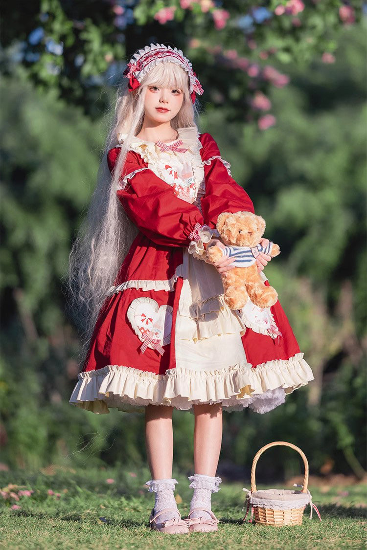 Red Cider House Long Sleeves Print Ruffle Cardigan Bowknot Sweet Lolita Dress