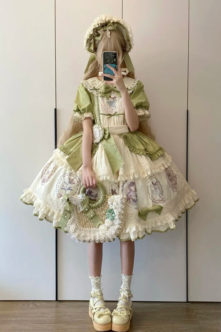 Green [Little Ida's Flowers] Short Sleeves Print Ruffle Bowknot Sweet Lolita Dress