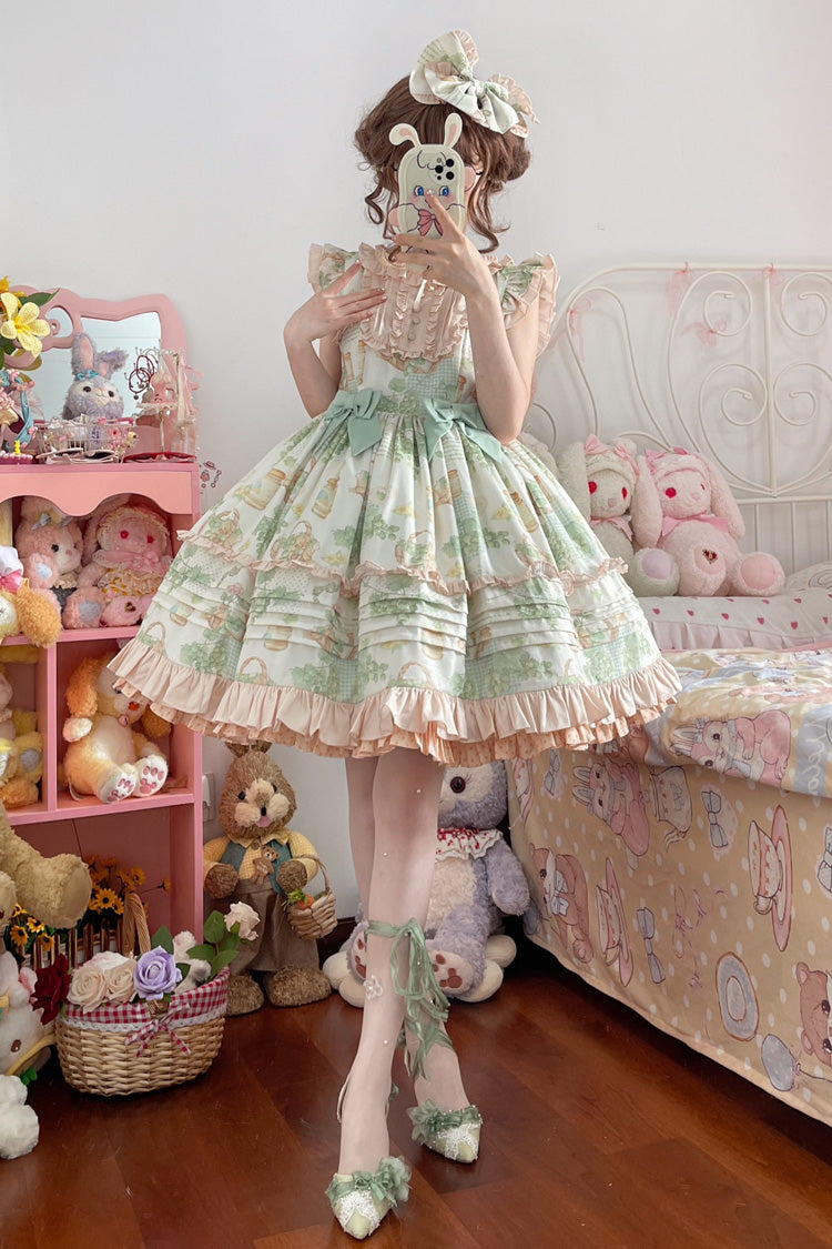 [Green Grape] Sleeveless Multi-Layered Print Bowknot Sweet Lolita Jsk Dress