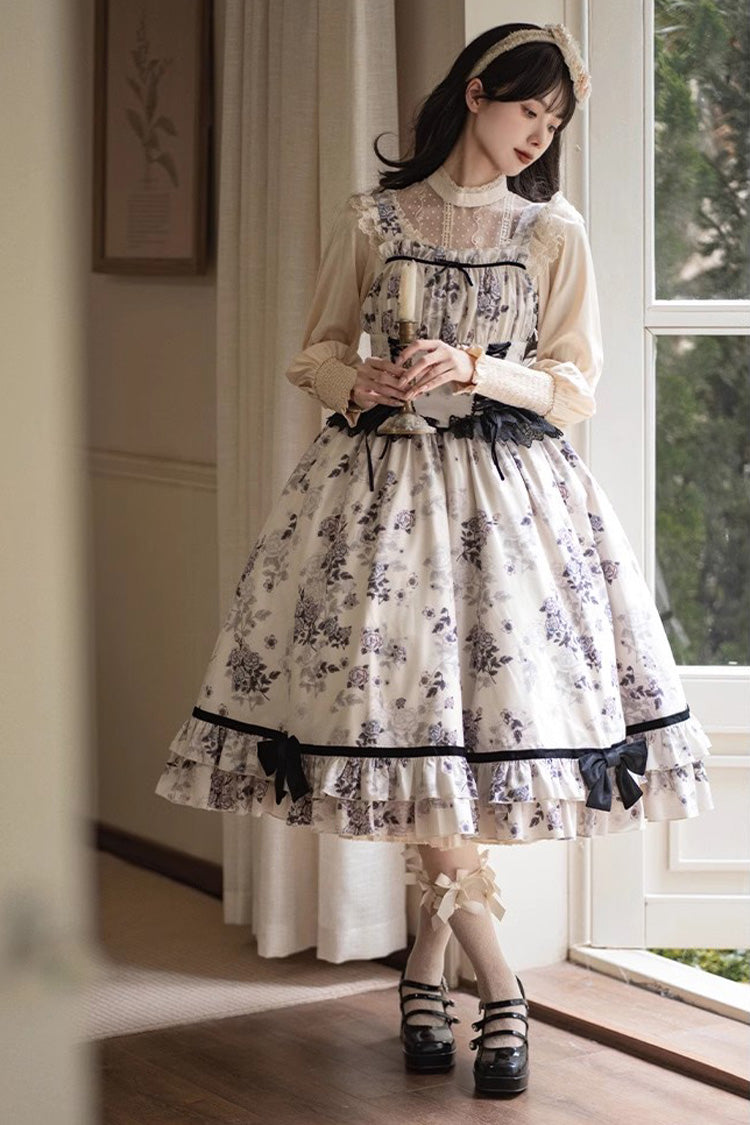 Ivory Rose Print Ruffle Sweet Elegant Princess Lolita Dress