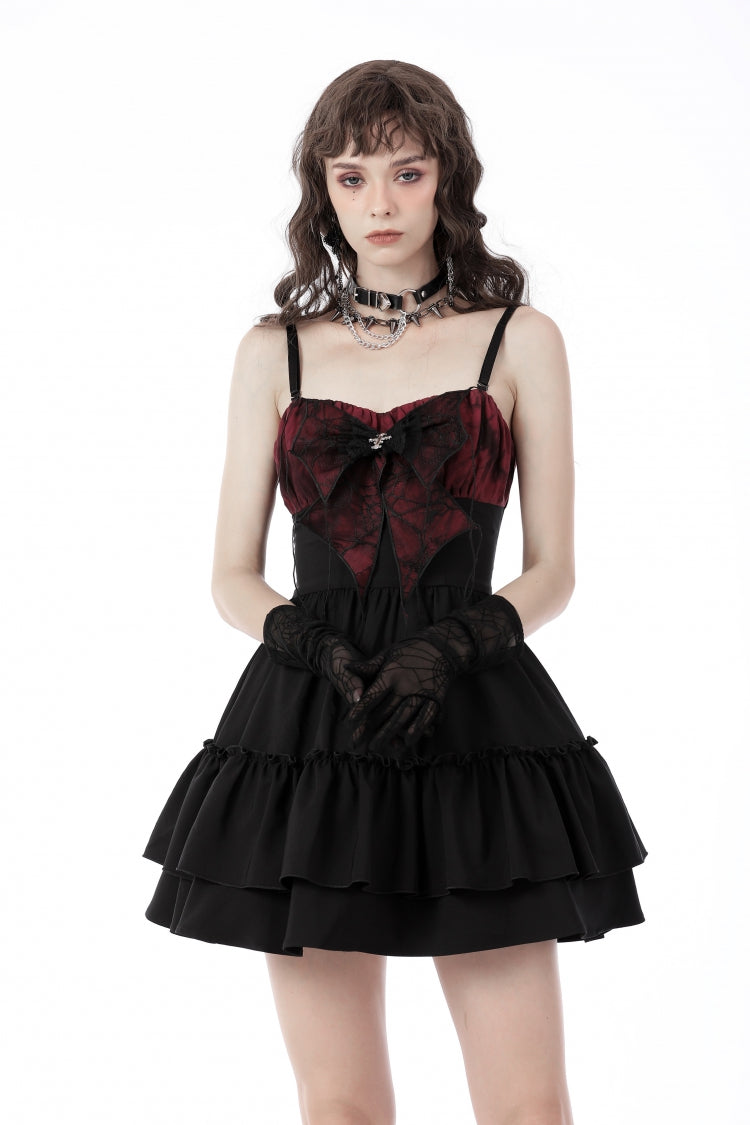 Robe de remise de diplôme gothique à volants, sans manches, avec nœud papillon, double couche, noire/rouge, pour femmes