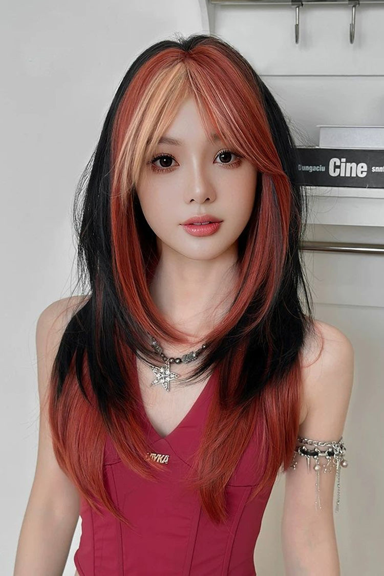 Y2K Style Black Orange Blonde Contrast Face Frame Highlights Layered Sweet Lolita Full Wig