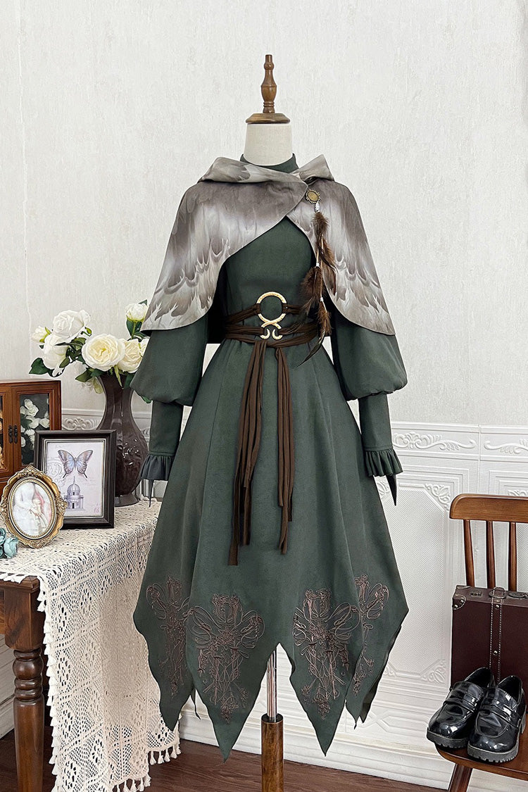 Dark Green Stand Collar Long Sleeves Ruffle Embroidery Classic Vintage Lolita Dress Set