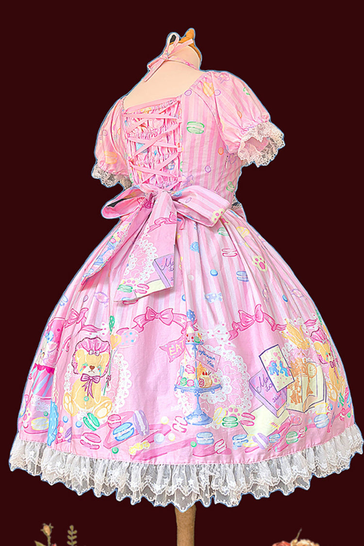 [Macaron Dolly House] Robe Lolita douce à col Claudine, manches courtes, imprimé nœud papillon, 3 couleurs 