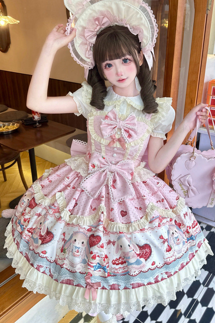 Pink [Sweet Bunny Party] Square Collar Sleeveless Printed Ruffled Bow Sweet Lolita Jsk Dress Set