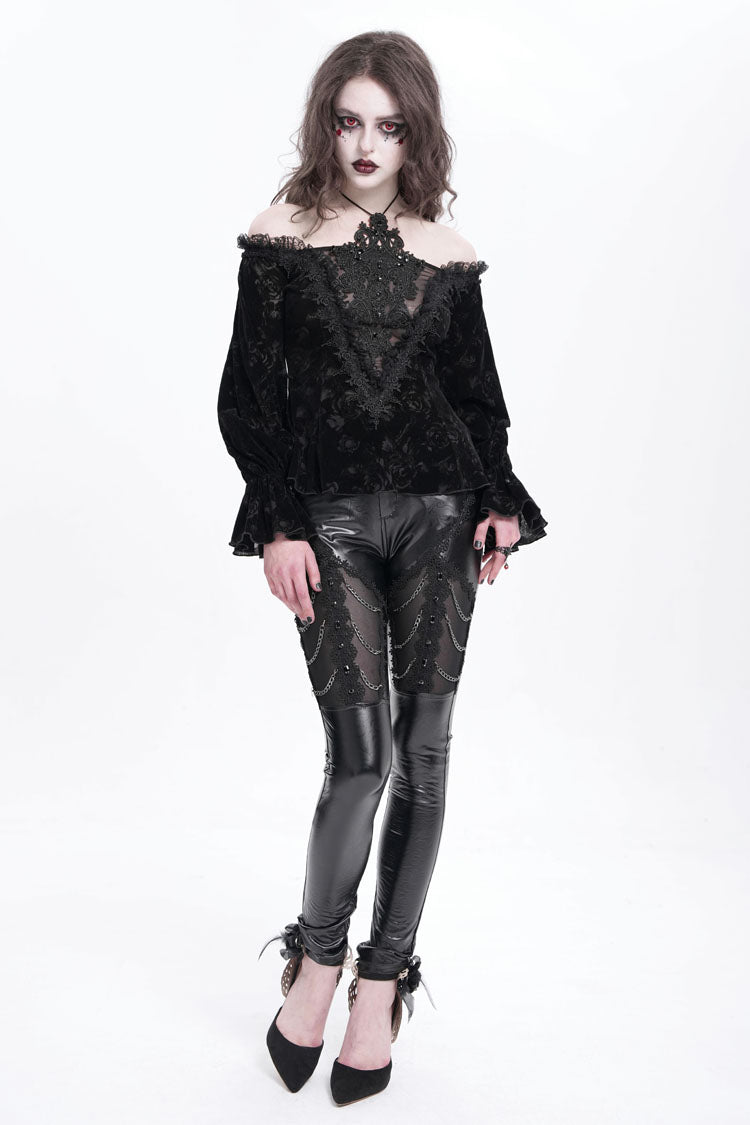 Schwarze Kette aus Kunstleder mit Spitzenbesatz Damen Gothic Hose 