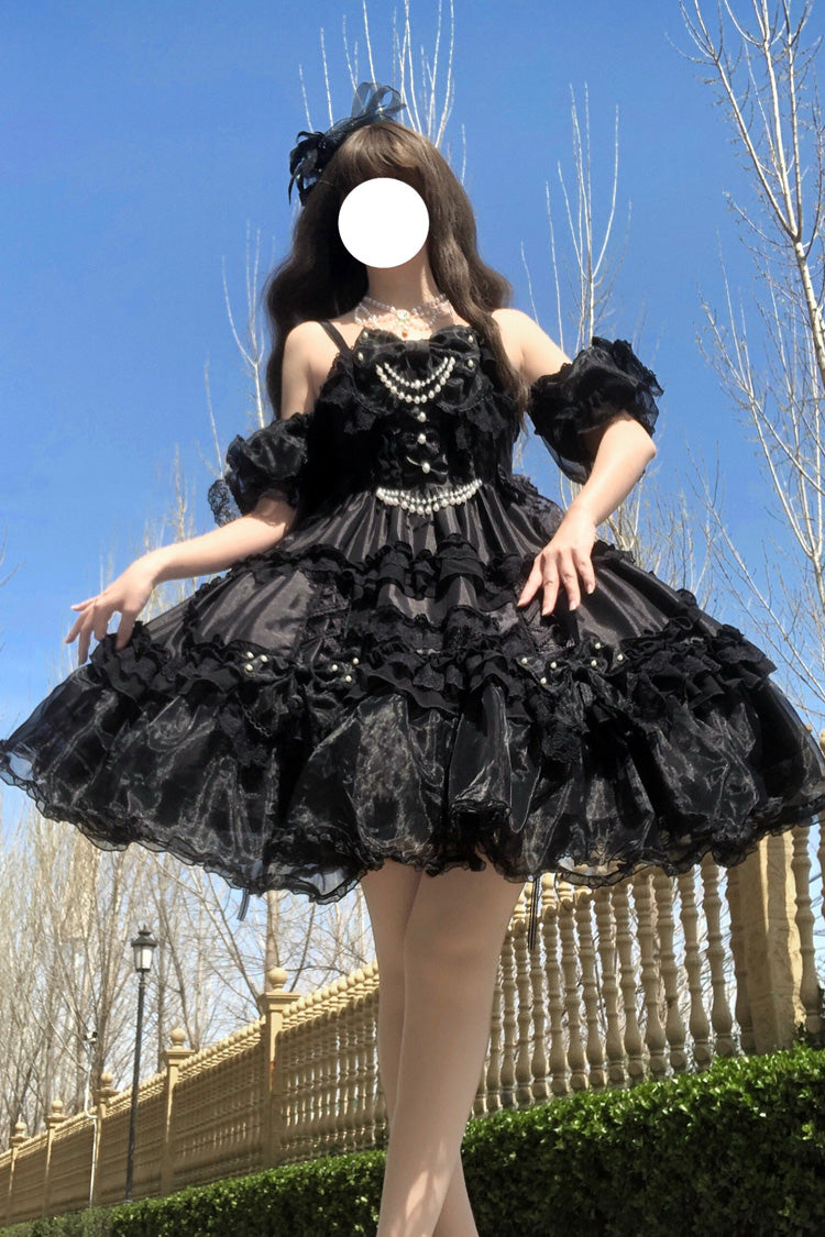 Robe gothique noire Lolita Jsk, épaules dénudées, manches courtes, multicouches, nœud à volants, chutes de neige de printemps