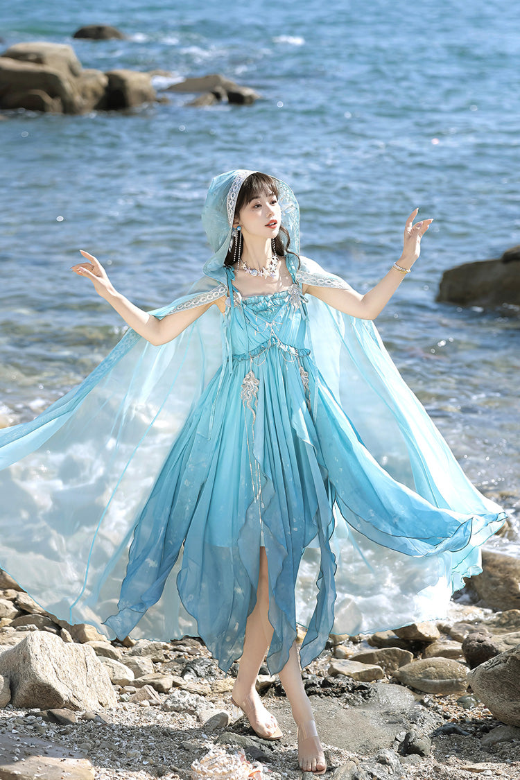 Blue [Ocean Sprite] Gradient Print Irregular Hooded Sweet Lolita Jsk Dress Cloak Set