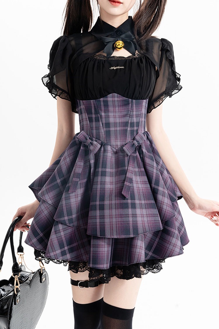 Purple [Magic Cat] Double-Layered Stripe Print Bowknot Sweet Lolita Jumper Dress