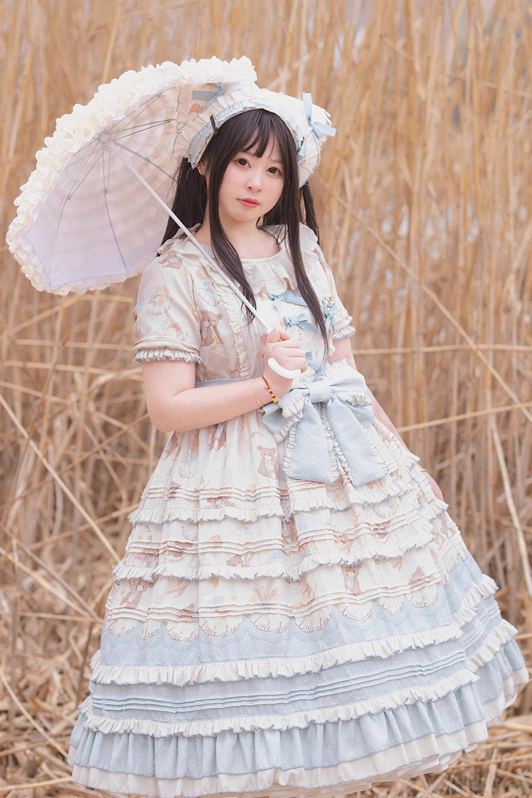 Blue/Apricot [Harvest Bear] Print Short Sleeves Multi-Layered Ruffle Bowknot Sweet Plus Size Lolita Dress 2 Versions