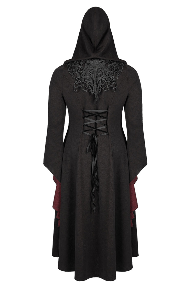 Black/Red Knitted Long Sleeves Big Hat Mystery Witch Rose Pattern Women's Gothic Coat