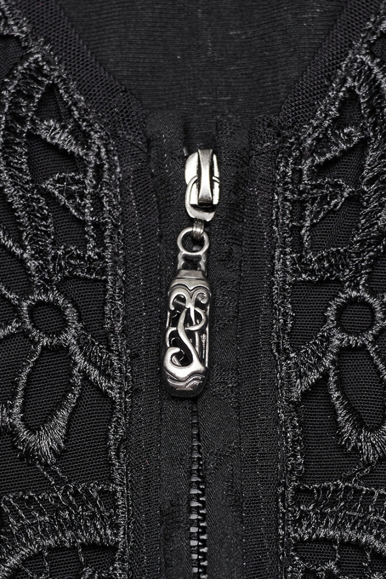 Black V Collar Long Puff Sleeves Embroidery Mesh Women's Gothic Blouse
