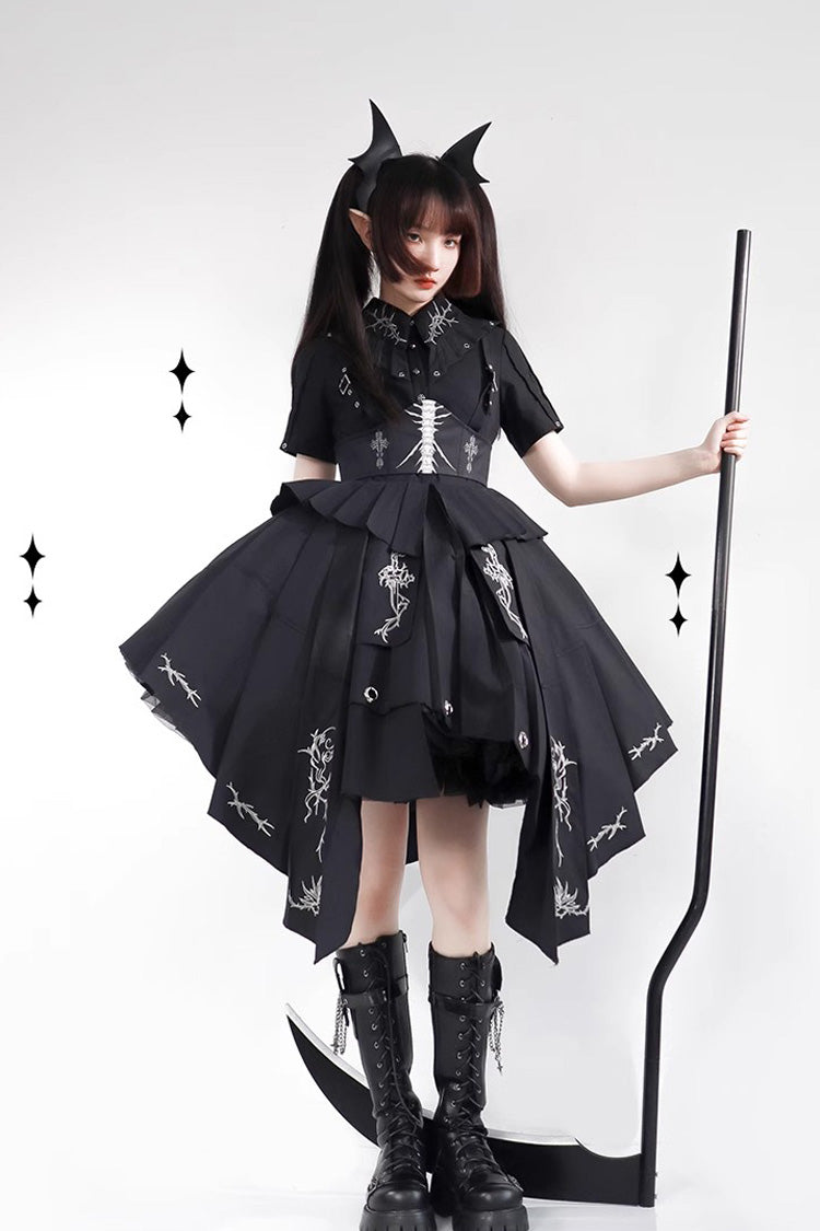 Schwarzes, kurzärmliges Lolita-Kleid mit Print im Gothic-Stil von Travelling Thorns