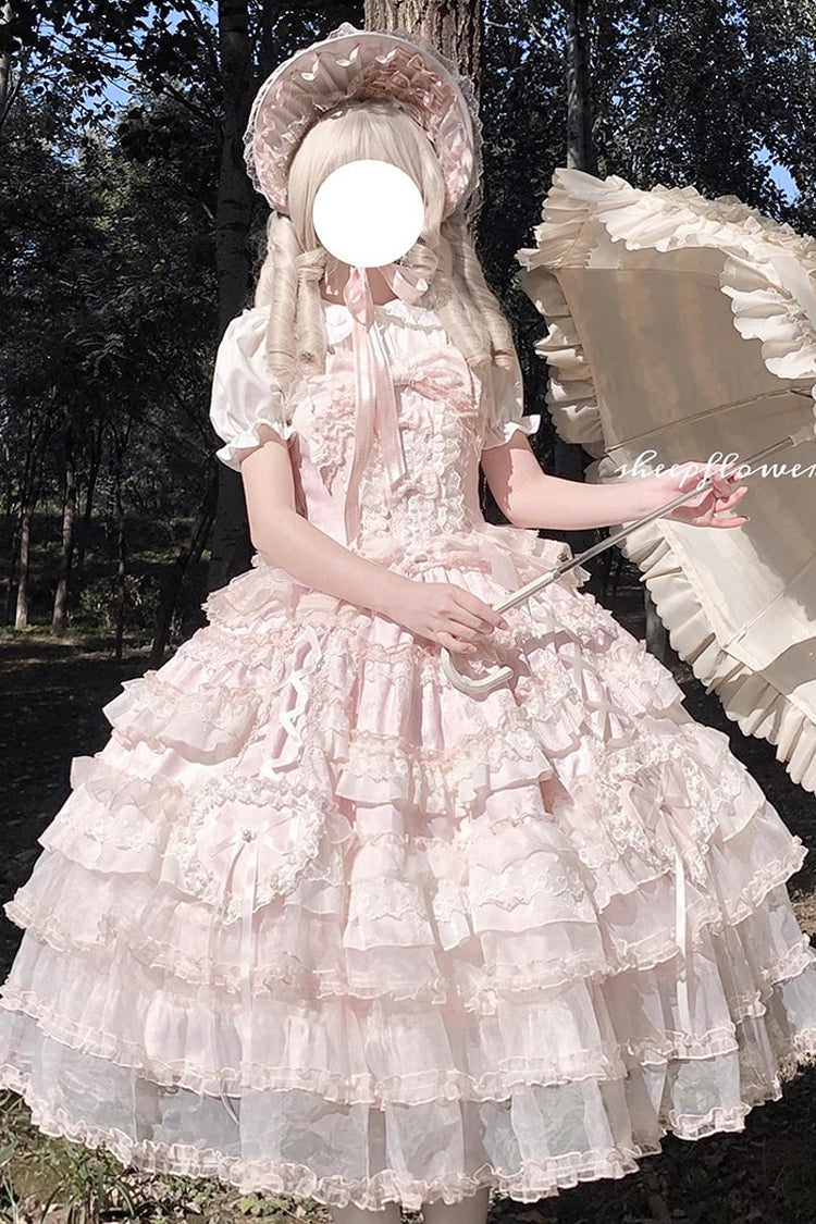 Pink [Sweetheart Diary] Multi-Layered Ruffle Hanayome Embroidery Bowknot Lace Sweet Lolita Jsk Dress