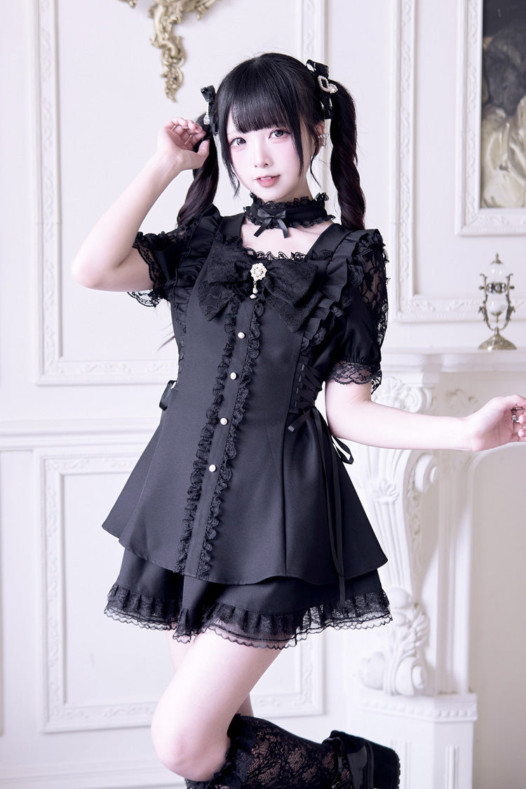 Black [Waltz] Short Sleeves Ruffle Bowknot Gothic Jirai Kei Japanese Dress Set
