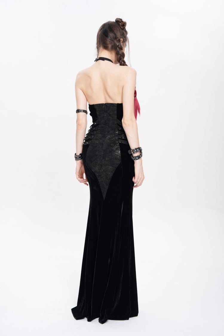 Black Halterneck Sleeveless Rivet Straps Chain Women's Punk Dress