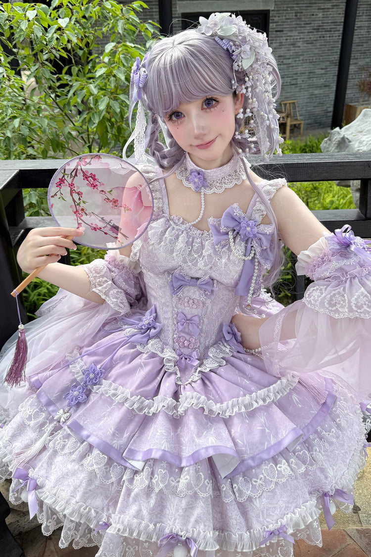 Violet [Prélude de la cerise du printemps] Col carré sans manches multicouche jacquard à volants avec nœud en dentelle décoré de perles Sweet Lolita Jsk Robe