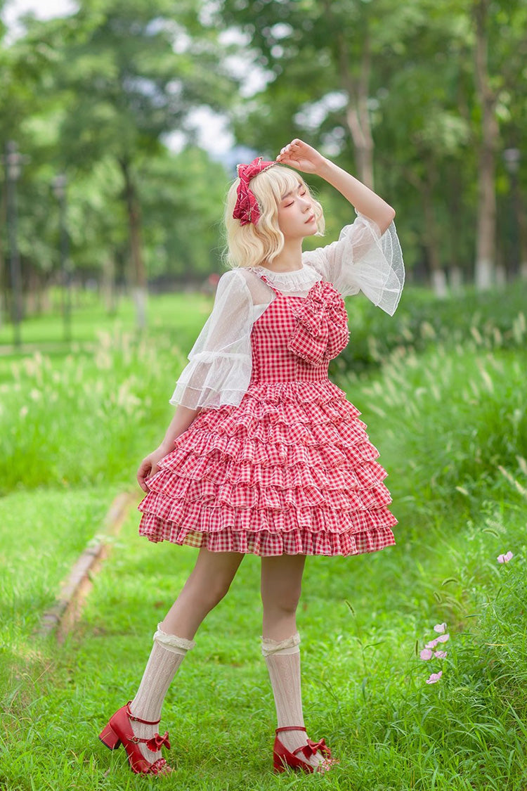 Multi-layer Plaid Print Ruffle Bowknot Sweet Lolita Tiered Dress 3 Colors
