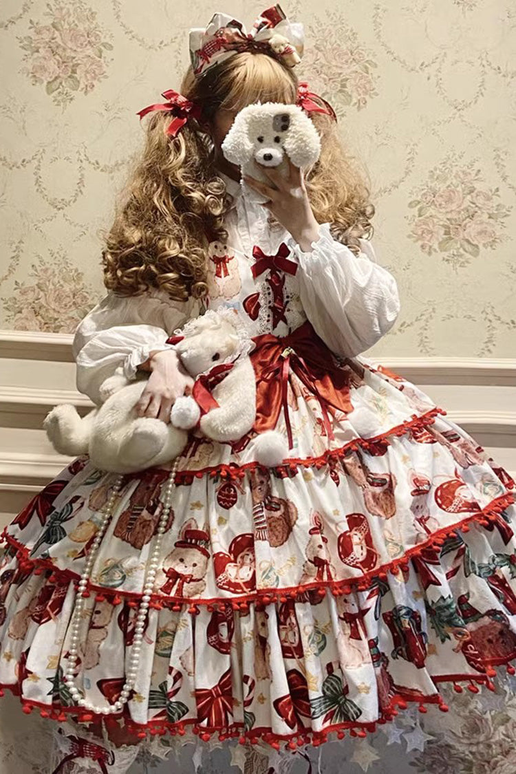 Rot/Weiß [Weihnachtsbär] Druck Dreilagiges Rüschen Bowknot Süßes Prinzessin Lolita Jsk Kleid