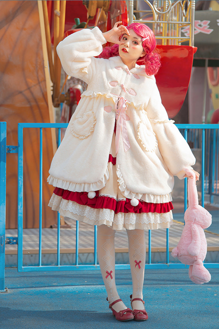 Ivory Long Ears Rabbit Ruffle Bowknot Hooded Daily Sweet Lolita Coat