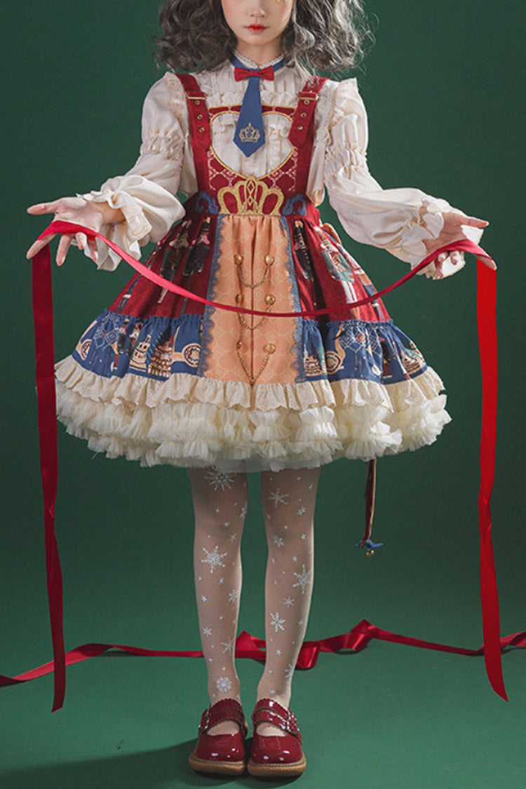 Red/Blue Clara Collection Nutcracker Print Ruffle Hemline Sweet Lolita Strap Dress