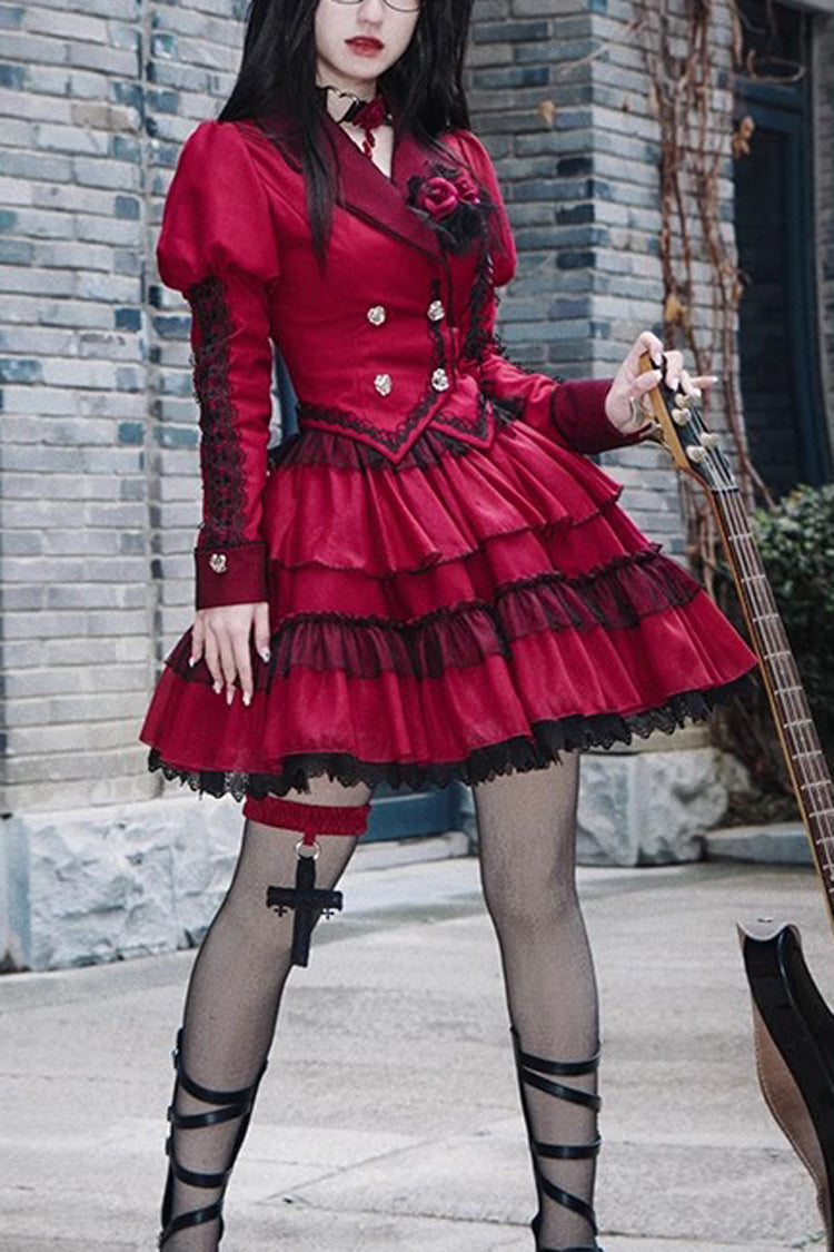 Red Gothic Punk Long Sleeves Removable Corsage Lolita Skirt Set