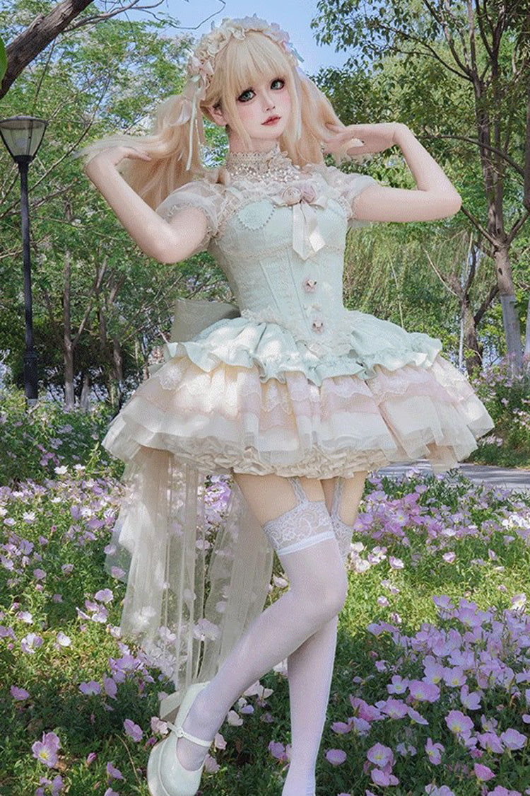 Green [Fleeting Light and Shallow Dream] Sleeveless Multi-Layered Ruffle Bowknot Lace Slim Sweet Ballet Lolita Jsk Dress