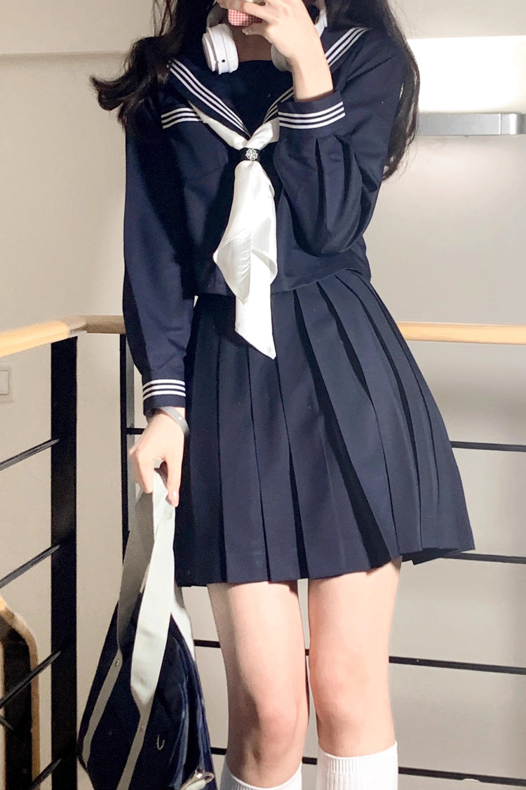 Dark Blue Navy Collar Sweet College Style Japanese School Skirt