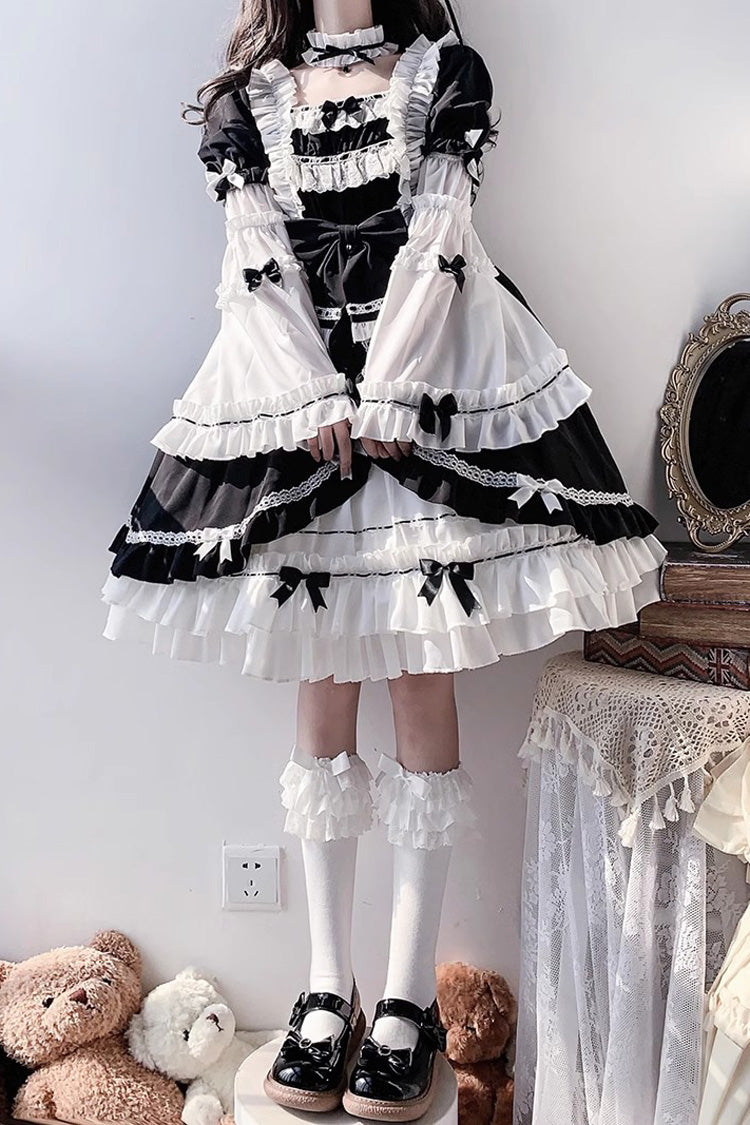 ホワイト/ブラック姫袖多層フリルカーディガンちょう結びゴシックプリンセスロリータドレス