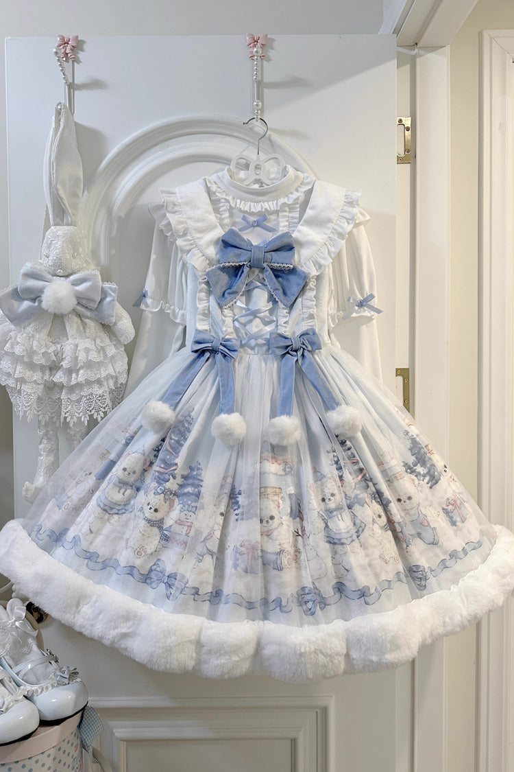 White [Winter Fluffy Bea] Sleeveless Print Bowknot Sweet Lolita Jsk Dress