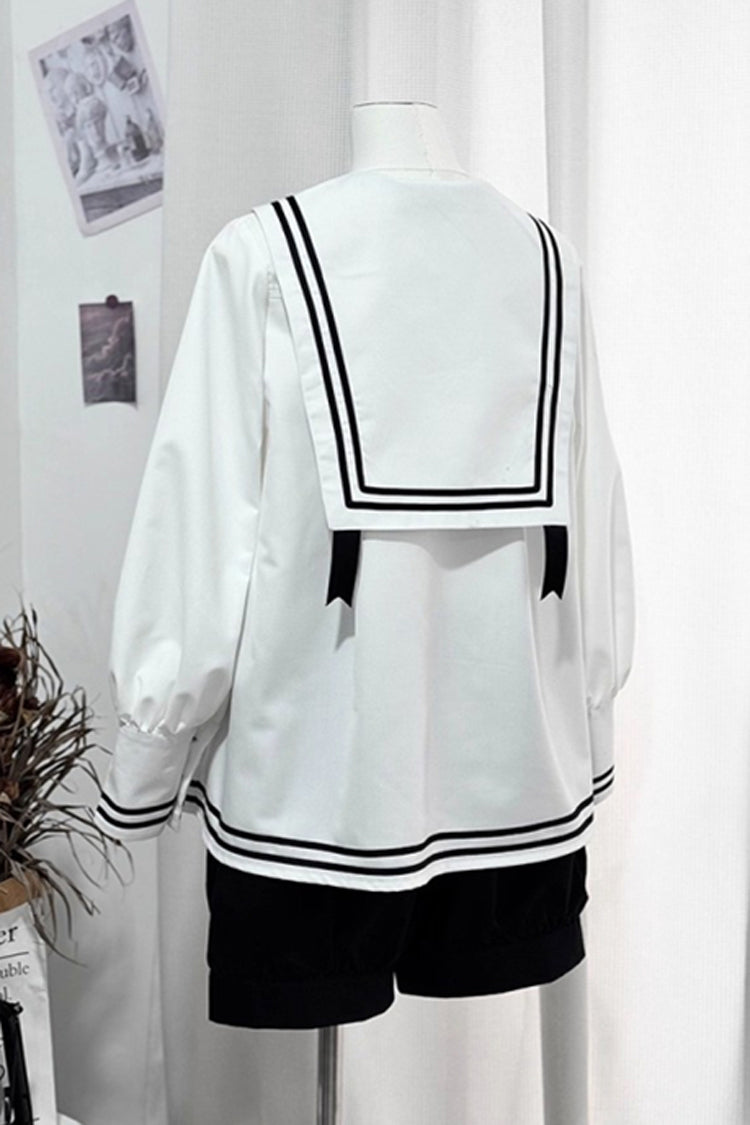 Black/White [Old Stories] Navy Collar Long Sleeves Bowknot Ouji Gothic Lolita Blouse Shorts Set