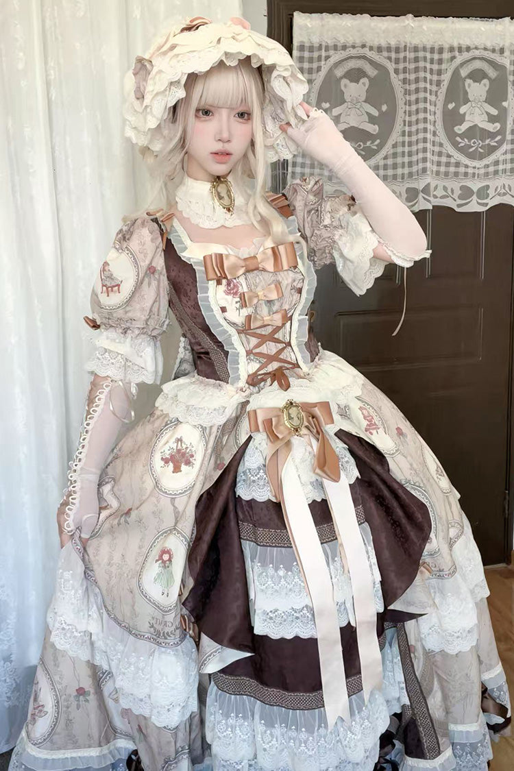 Brown [Baker Street Tea Party] Short Sleeves High Waisted Print Ruffle Embroidery Cardigan Bowknot Lace-Up Classic Vintage Princess Lolita Dress