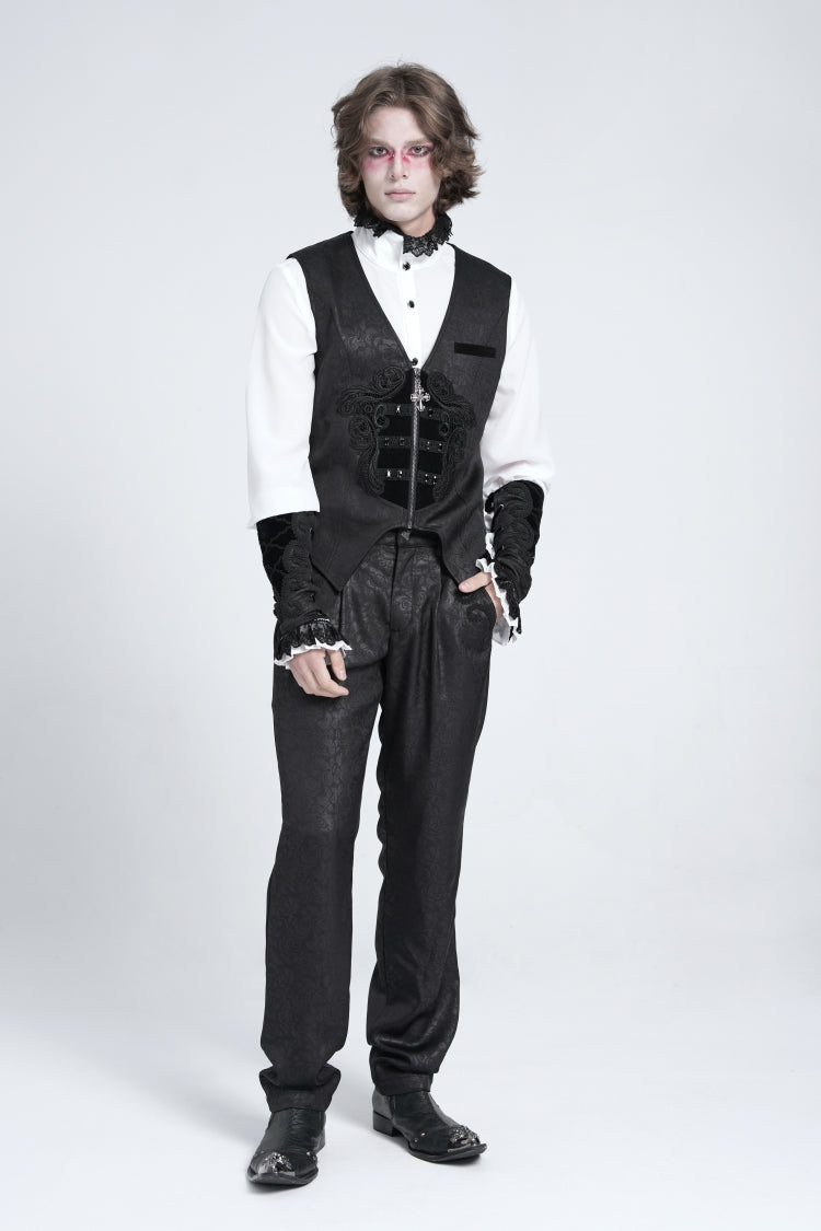 Black Sleeveless Floral Embroidery Stitching Velvet Men's Gothic Vest