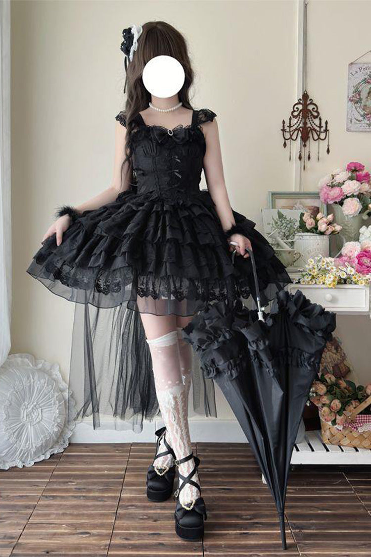 Black [From Broken Wings to Rebirth] Sleeveless Multi-Layered Ruffle Bowknot Lace-Up Gothic Ballet Lolita Jsk Dress