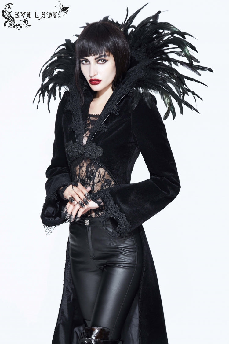 Black Feathered Collar Long Sleeves Bowknot Women's Gothic Tailcoat