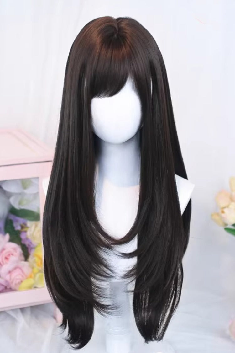 Schwarzteebraune, seitlich geschwungene, lange, gerade, süße japanische Lolita-Perücke