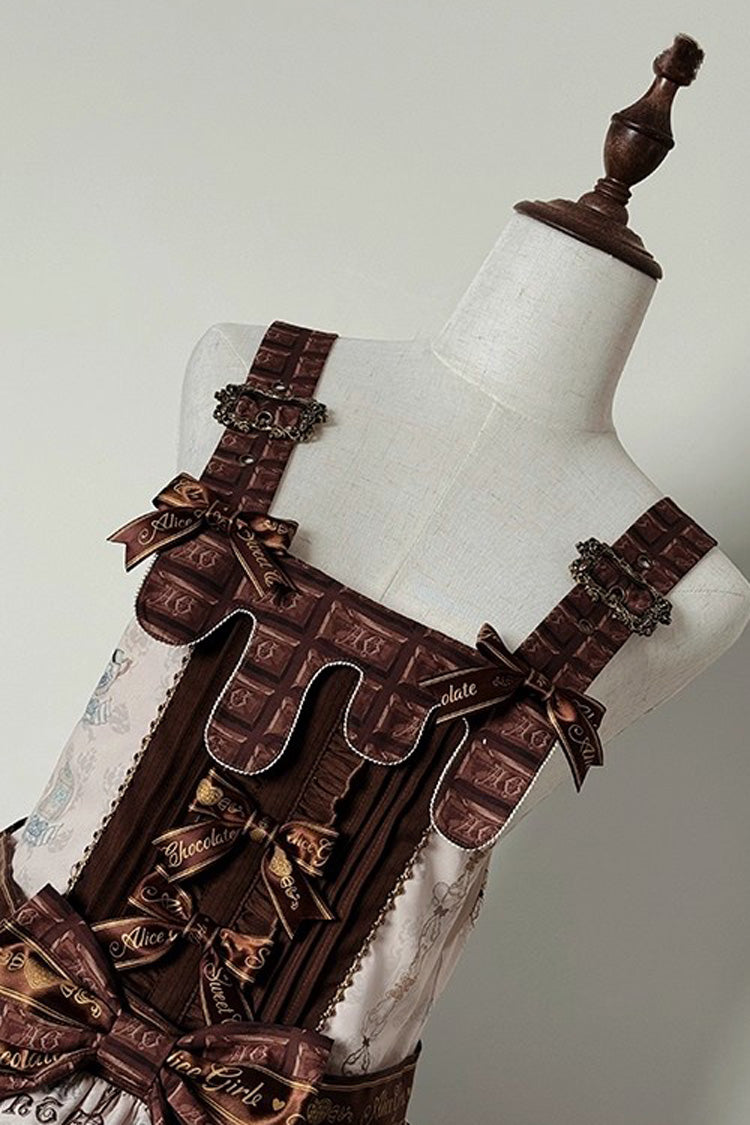 Brown [Teddy Bear Chocolate] Sleeveless Print Ruffle Side Cardigan Bowknot Asymmetric Sweet Lolita Strap Dress