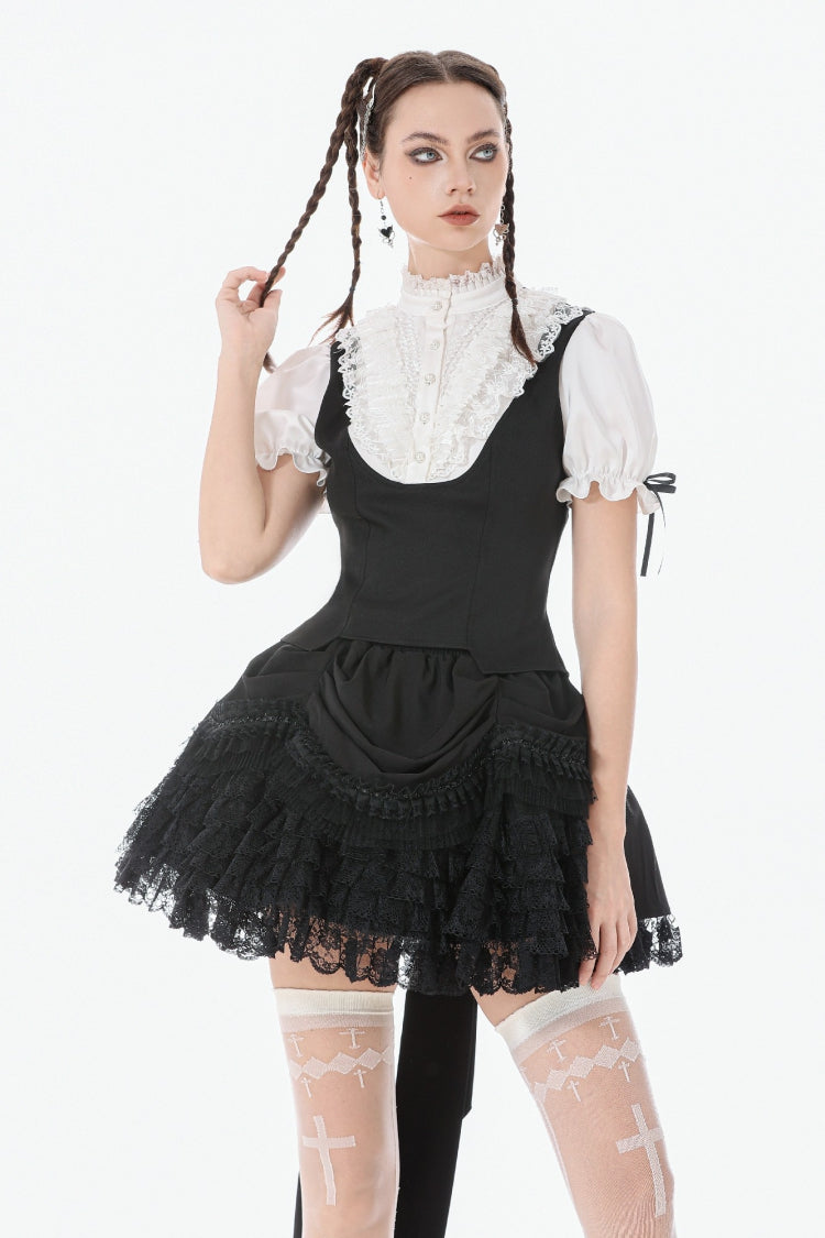 Schwarz/weiße Damen-Gothic-Königsbluse mit kurzen Puffärmeln, Spitze, Rüschen und Stehkragen