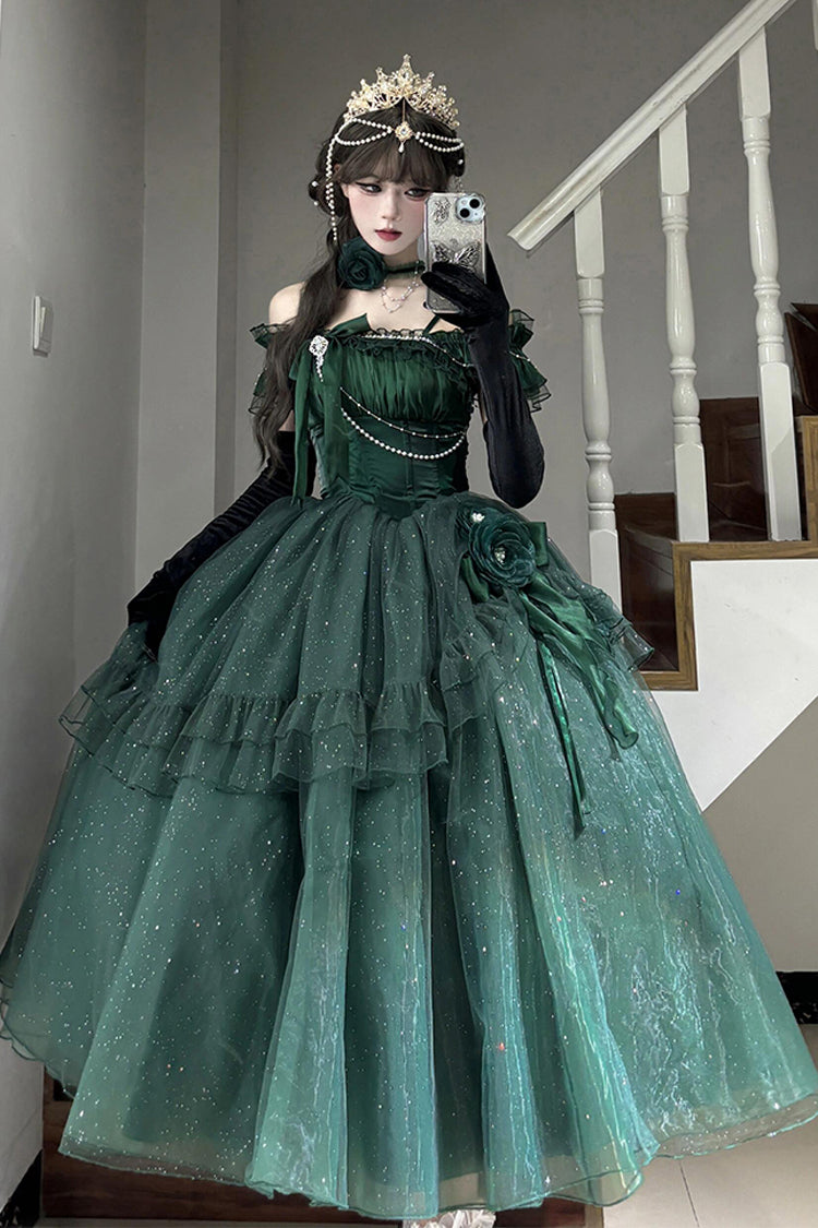 Green [Bright Stars] Off Shoulder Ruffle Bowknot Asymmetric Sweet Elegant Princess Lolita Dress