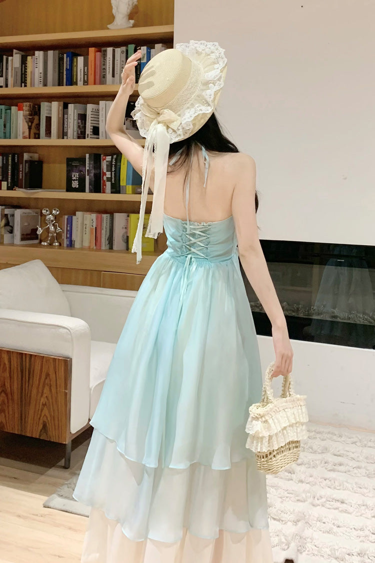 Mint Green [Dreaming About The Sea] Sleeveless Triple-Layered Ruffle Lace-Up Sweet Lolita Jsk Dress